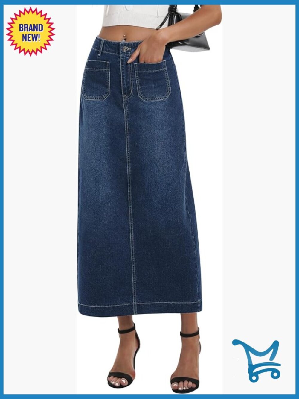 Stretchy Denim Maxi Skirt High Waisted Pencil Skirt with Pockets Back Slit